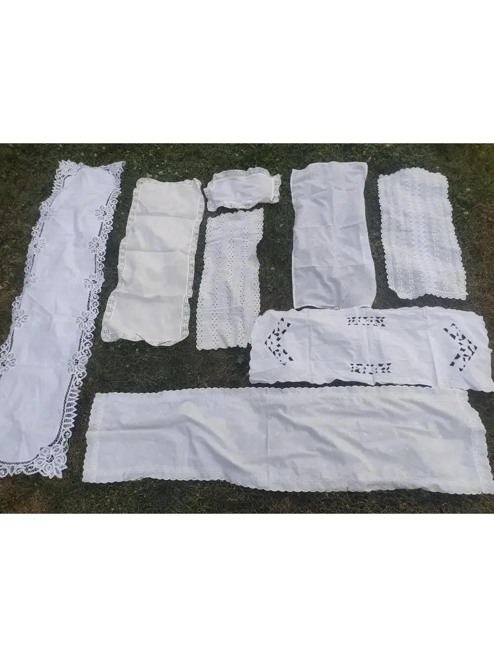 8pc Vintage Eyelet Lace Cutwork Linen Table Runner Lot Cottagecore Shabby Chic